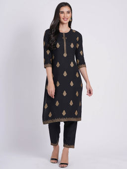 Suti - Women Rayon Gold Printed Straight Kurta and Pants Black (Set of 2)