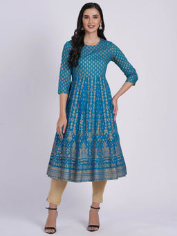 Suti - Women Gold Print Anarkali Kurta with Pants Blue (Set of 2)