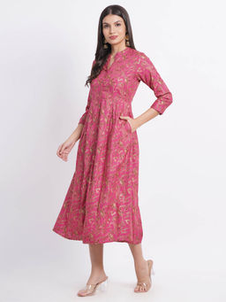Suti - Women Rayon Gold Printed Flared Dress Pink