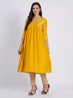 Suti - Women Rich Muslin Silk Fabric Alia Cut Kurta Craft with Gotta Work Yellow