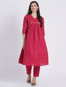 Suti - Women Rayon Printed Anarkali Kurta and Pants Red (Set of 2)