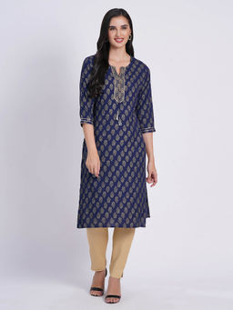 Suti - Women Rayon Slub Gold Printed Kurta Embellished with Hand Craft Blue
