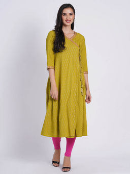 Suti - Women Rayon Gold Print Angrkha Kurta Embellished with Hand Craft Details Green