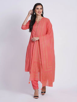 Suti - Women Rayon Festive Wear Gold Printed Straight Kurta Pants with Dupatta Peach (Set of 3)