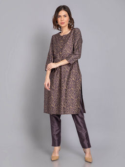 Suti - Women Ploy Viscose Gold Printed Kurta with Pants Purple (Set of 2)