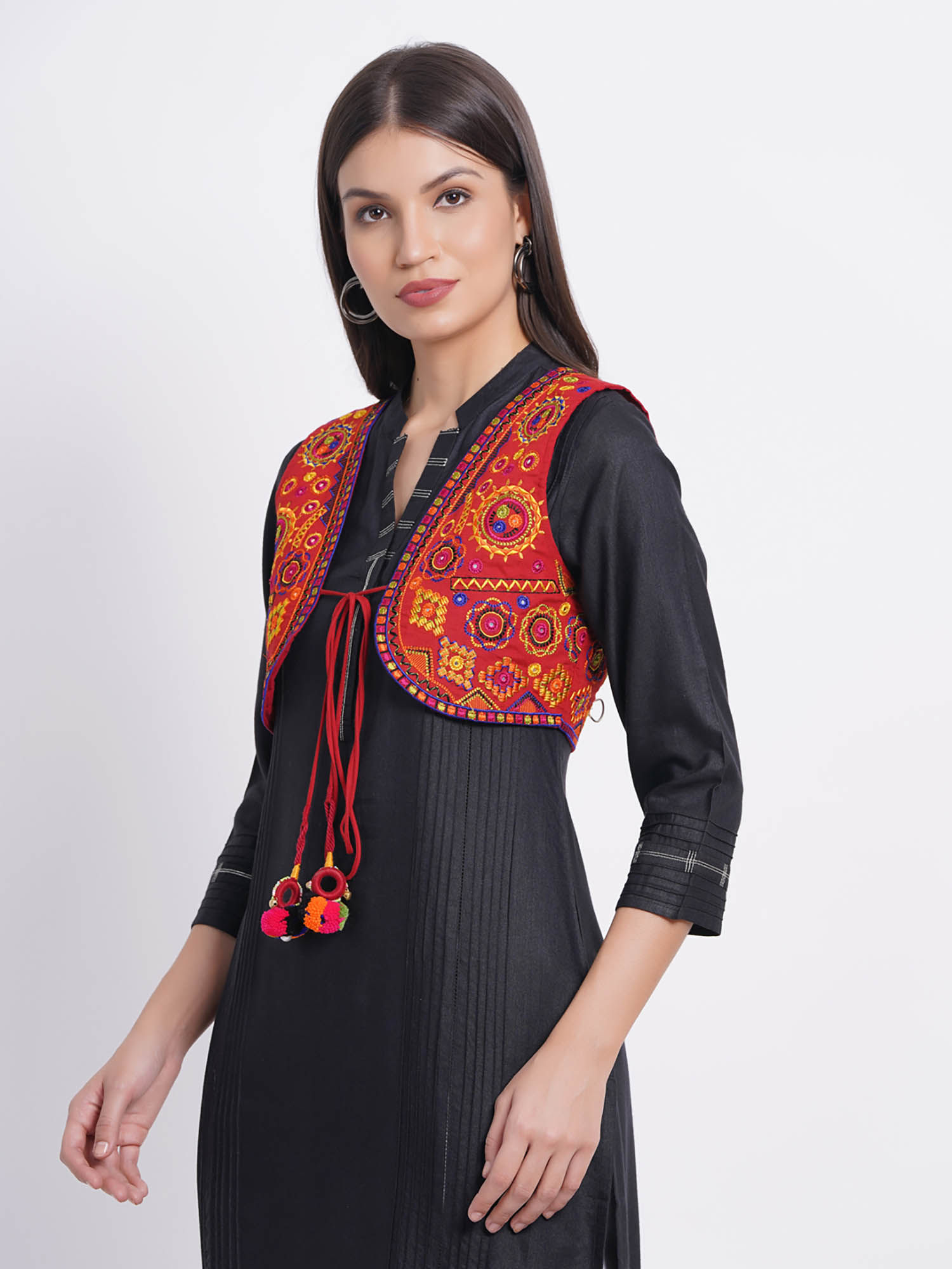 suti Women Rayon Navratri Isp Embroidery Jacket Details with Tassels Maroon Red-picture-14