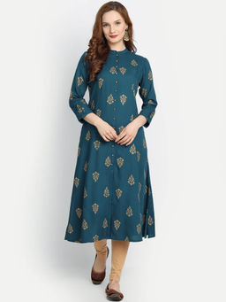 Suti - Women Rayon Gold Printed Straight Kurta Navy Blue