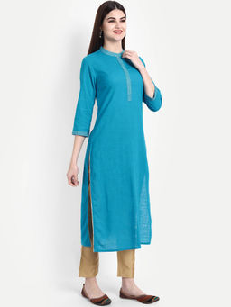 Suti - Women Cotton Long Kurta with Zari Work Turquoise