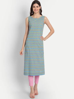Suti - Women Casual Wear Mul Cotton Sleeveless Long Kurta Blue