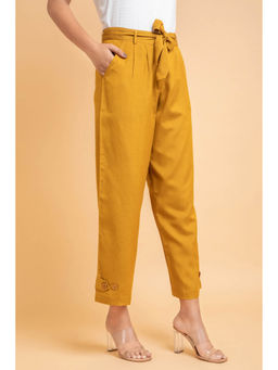 Suti - Women Rayon Solid Pants with Show Opening Button Mustard