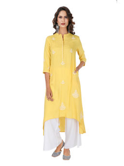 Suti - Women Cotton High Low Embroidery Work Long Kurta Yellow