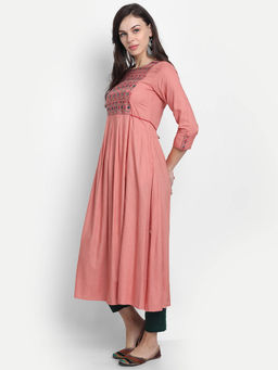 Suti - Women Rayon Embroidery Flared Dress Peach