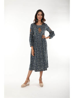 Suti - Women Rayon Long Dress Printed with Embroidery Blue