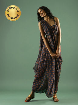 Aarke Ritu Kumar - Navy Blue Pre-draped Floral Saree with Stitched Blouse (Set of 2)