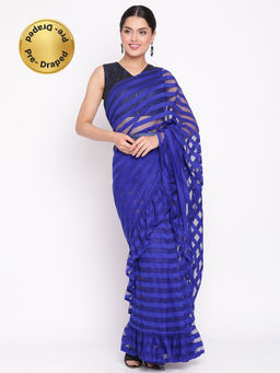 Ahalyaa - Blue & Black Striped Net Ready To Wear Saree with Unstitched Blouse