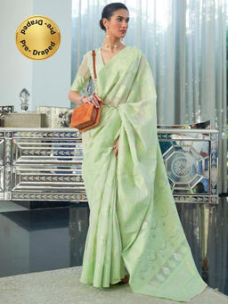 Sareemall - Women's Cotton Linen Light Green Chikankari Designer Saree With Unstitched Blouse