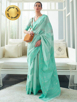 Sareemall - Women's Cotton Linen Sea Green Chikankari Designer Saree With Unstitched Blouse