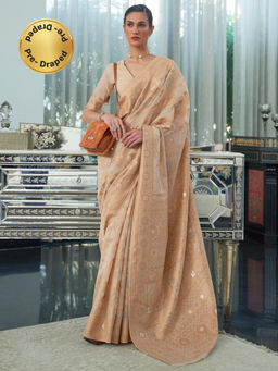 Sareemall - Women's Cotton Linen Cream Chikankari Designer Saree With Unstitched Blouse