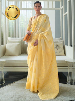 Sareemall - Women's Cotton Linen Yellow Chikankari Designer Saree With Unstitched Blouse