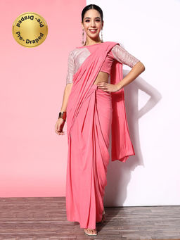 Akhilam - Womens Lycra Blend Pink Solid Ready To Wear Saree with Unstitched Blouse
