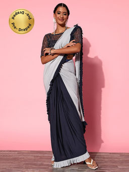Akhilam - Womens Lycra Blend Grey Solid Ready To Wear Saree with Unstitched Blouse