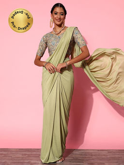 Akhilam - Womens Lycra Blend Green Solid Ready To Wear Saree with Unstitched Blouse