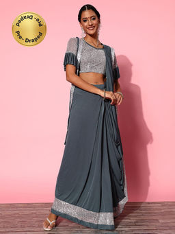 Akhilam - Womens Lycra Blend Grey Embellished Ready To Wear with Unstitched Blouse