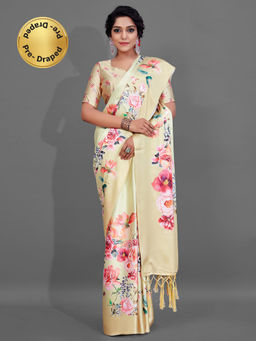 Akhilam - Womens Crepe Beige Digital Print Ready To Wear Saree with Unstitched Blouse