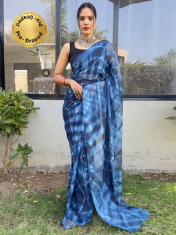 Akhilam - Womens Georgette Navy Blue Printed Ready To Wear Saree with Unstitched Blouse