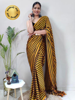 Akhilam - Womens Georgette Mustard Printed Ready To Wear Saree with Unstitched Blouse