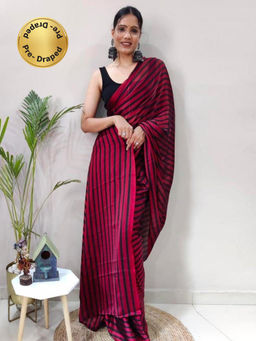 Akhilam - Womens Georgette Burgundy Printed Ready To Wear Saree with Unstitched Blouse