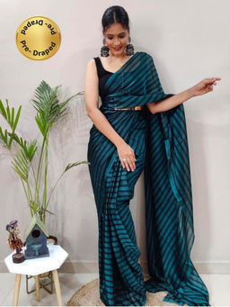 Akhilam - Womens Georgette Teal Blue Printed Ready To Wear Saree with Unstitched Blouse