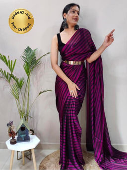 Akhilam - Womens Georgette Magenta Printed Ready To Wear Saree with Unstitched Blouse