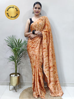 Akhilam - Womens Chiffon Beige Printed Ready To Wear Saree with Unstitched Blouse