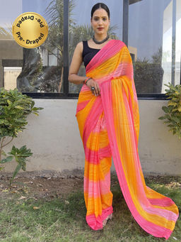 Akhilam - Womens Georgette Yellow Printed Ready To Wear Saree with Unstitched Blouse