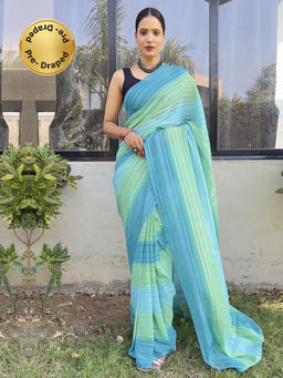 Akhilam - Womens Georgette Light Blue Printed Ready To Wear Saree with Unstitched Blouse