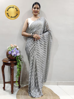 Akhilam - Womens Georgette Grey Printed Ready To Wear Saree with Unstitched Blouse
