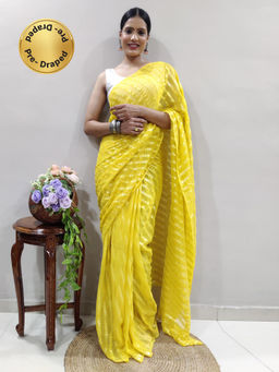 Akhilam - Womens Georgette Lemon Yellow Printed Ready To Wear Saree with Unstitched Blouse
