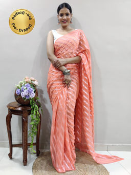 Akhilam - Womens Georgette Peach Printed Ready To Wear Saree with Unstitched Blouse