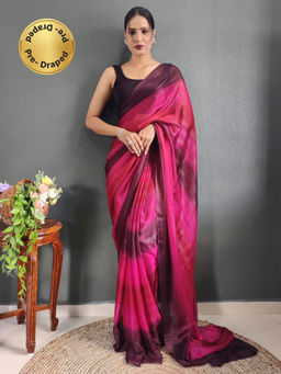 Akhilam - Womens Nylon Pink Embellished Ready To Wear Saree with Unstitched Blouse