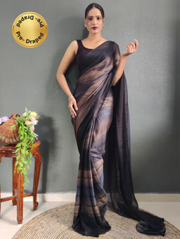 Akhilam - Womens Nylon Black Embellished Ready To Wear Saree with Unstitched Blouse