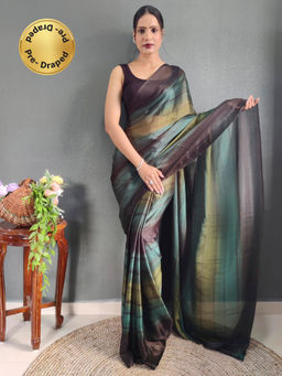 Akhilam - Womens Nylon Teal Blue Embellished Ready To Wear Saree with Unstitched Blouse