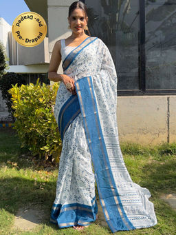 Akhilam - Womens Dola Silk Blue Printed Ready To Wear Saree with Unstitched Blouse
