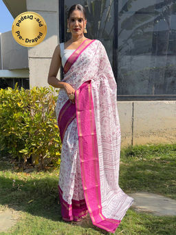 Akhilam - Womens Dola Silk Pink Printed Ready To Wear Saree with Unstitched Blouse
