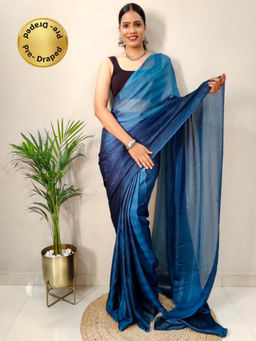 Akhilam - Womens Georgette Blue Embellished Ready To Wear Saree with Unstitched Blouse