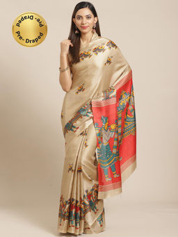 Akhilam - Womens Bhagalpuri Silk Beige Printed Ready To Wear Saree with Unstitched Blouse