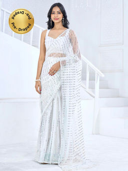Sareemall - Womens Lycra White Embellished Ready To Wear with Unstitched Blouse