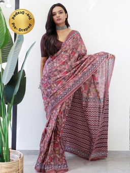 Akhilam - Womens Cotton Brown Printed Ready To Wear Saree with Unstitched Blouse