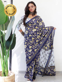 Akhilam - Womens Cotton Navy Blue Printed Ready To Wear Saree with Unstitched Blouse
