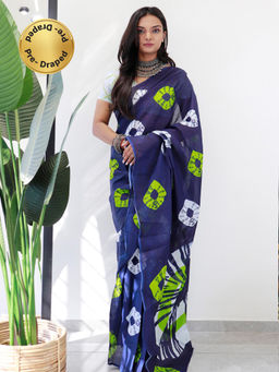 Akhilam - Womens Cotton Navy Blue Printed Ready To Wear Saree with Unstitched Blouse